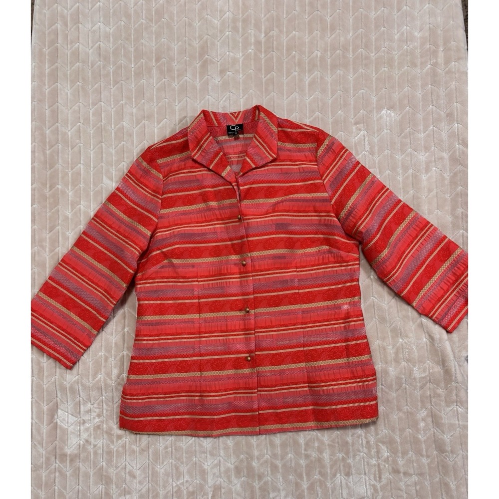 Connie Roberson Silk Button Up Shirt S Coral Pink Sheer Panel Side Slits Boho